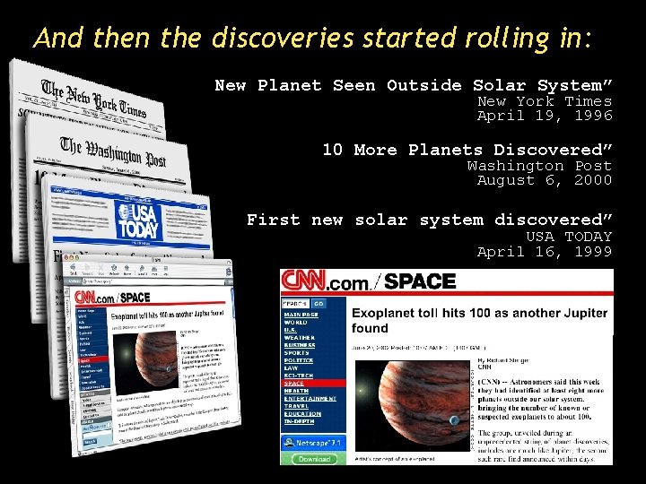 And then the discoveries started rolling in: “New Planet Seen Outside Solar System” New