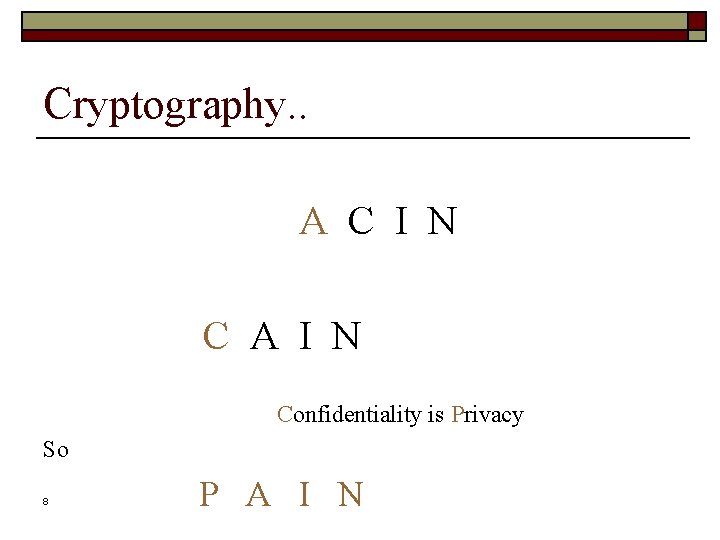 Cryptography. . A C I N C A I N Confidentiality is Privacy So