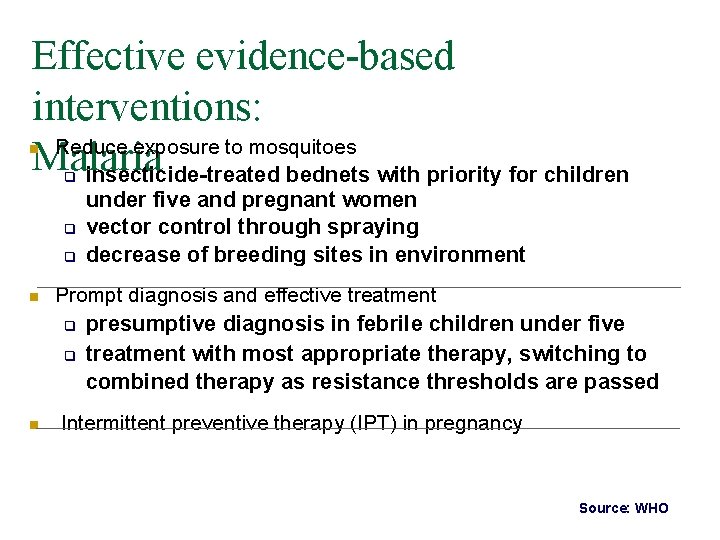 Effective evidence-based interventions: Reduce exposure to mosquitoes Malaria insecticide-treated bednets with priority for children