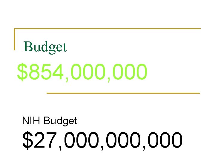 Budget $854, 000 NIH Budget $27, 000, 000 