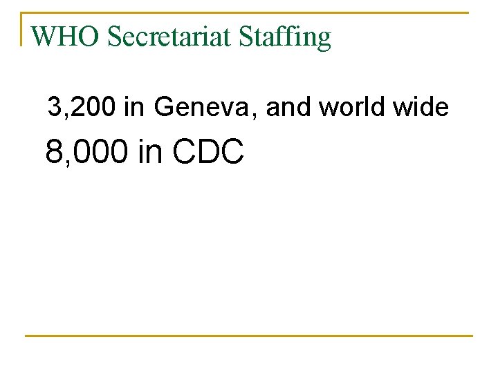 WHO Secretariat Staffing 3, 200 in Geneva, and world wide 8, 000 in CDC
