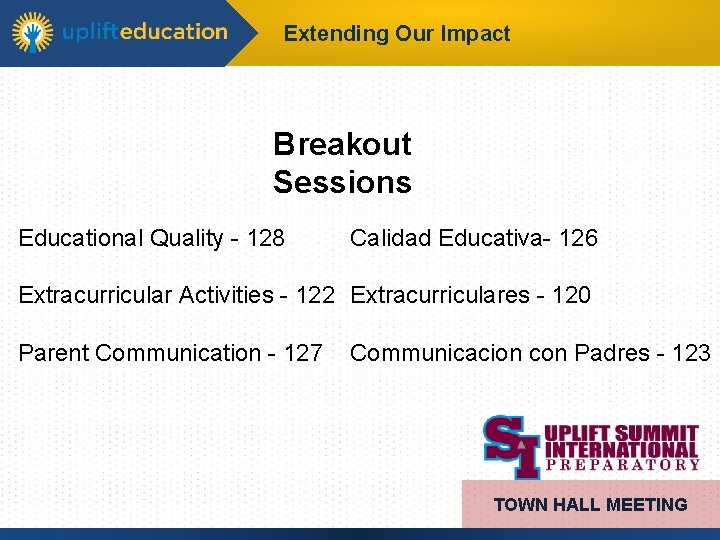 Extending Our Impact Breakout Sessions Educational Quality - 128 Calidad Educativa- 126 Extracurricular Activities