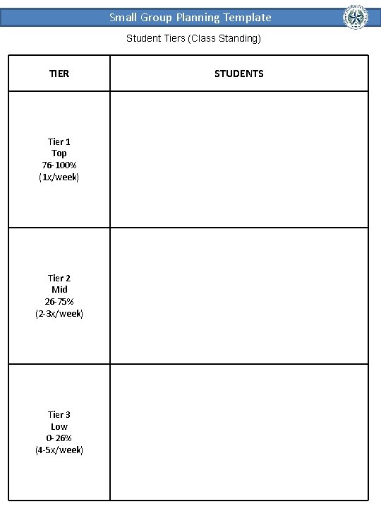 Small Group Planning Template Student Tiers (Class Standing) TIER Tier 1 Top 76 -100%