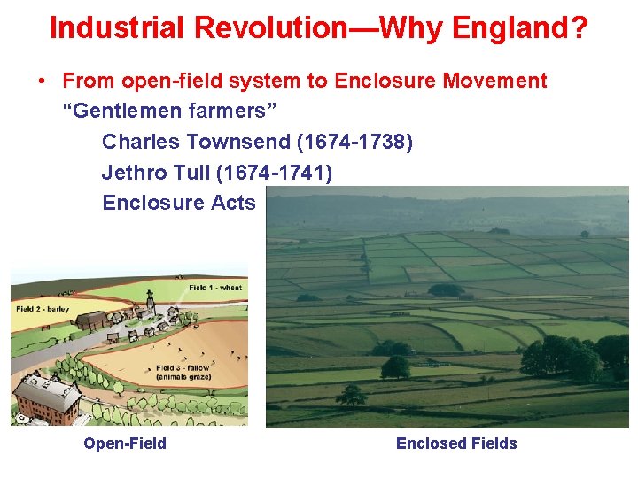 Industrial Revolution—Why England? • From open-field system to Enclosure Movement “Gentlemen farmers” Charles Townsend