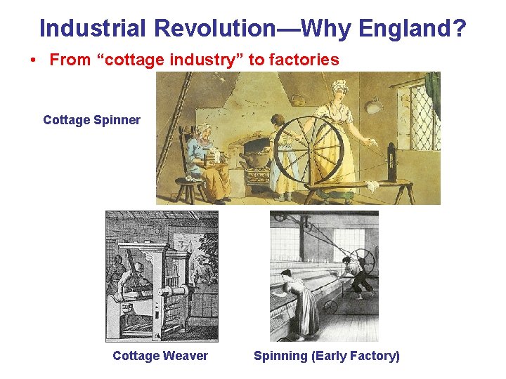 Industrial Revolution—Why England? • From “cottage industry” to factories Cottage Spinner Cottage Weaver Spinning