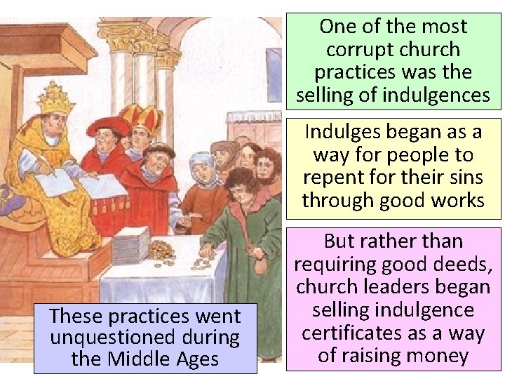 One of the most corrupt church practices was the selling of indulgences Indulges began