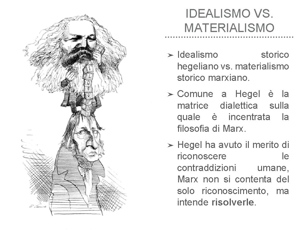 IDEALISMO VS. MATERIALISMO ➤ Idealismo storico hegeliano vs. materialismo storico marxiano. ➤ Comune a