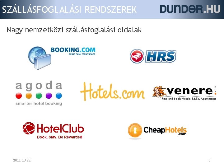 SZÁLLÁSFOGLALÁSI RENDSZEREK Nagy nemzetközi szállásfoglalási oldalak 2011. 10. 25. 6 