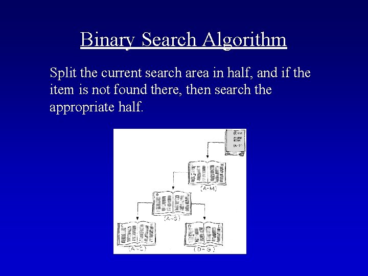 Binary Search Algorithm Split the current search area in half, and if the item