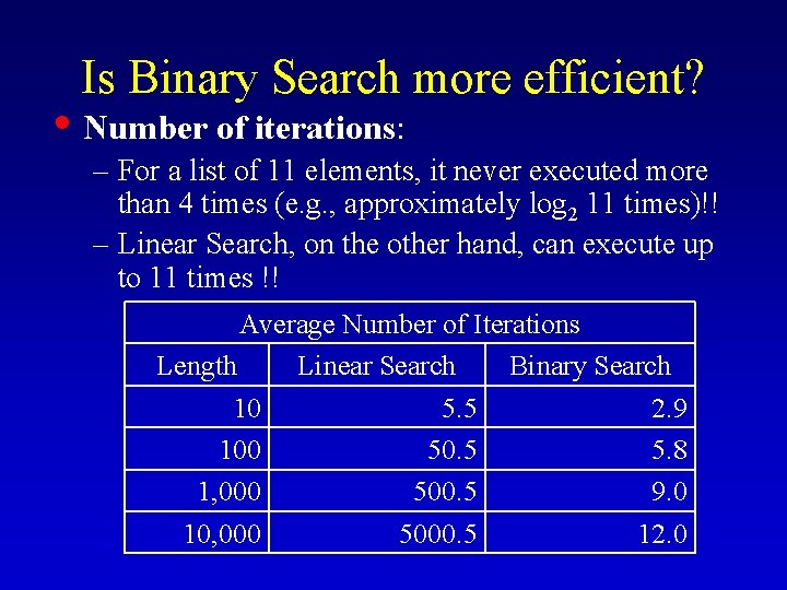 Is Binary Search more efficient? • Number of iterations: – For a list of