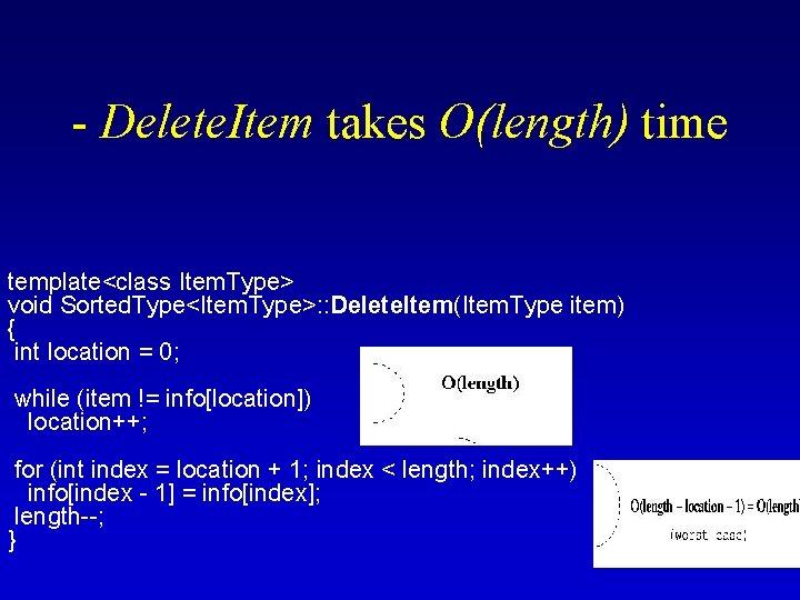 - Delete. Item takes O(length) time template<class Item. Type> void Sorted. Type<Item. Type>: :