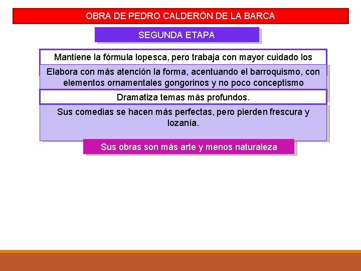 OBRA DE PEDRO CALDERÓN DE LA BARCA SEGUNDA ETAPA Mantiene la fórmula lopesca, pero