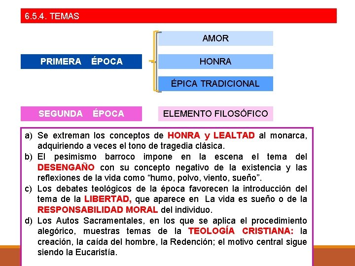 6. 5. 4. TEMAS AMOR PRIMERA ÉPOCA HONRA ÉPICA TRADICIONAL SEGUNDA ÉPOCA ELEMENTO FILOSÓFICO