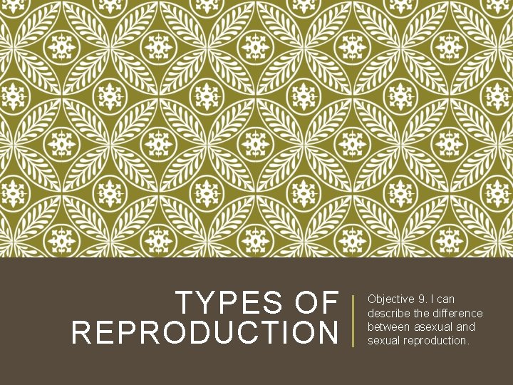 TYPES OF REPRODUCTION Objective 9. I can describe the difference between asexual and sexual TYPES OF REPRODUCTION Objective 9. I can describe the difference between asexual and sexual