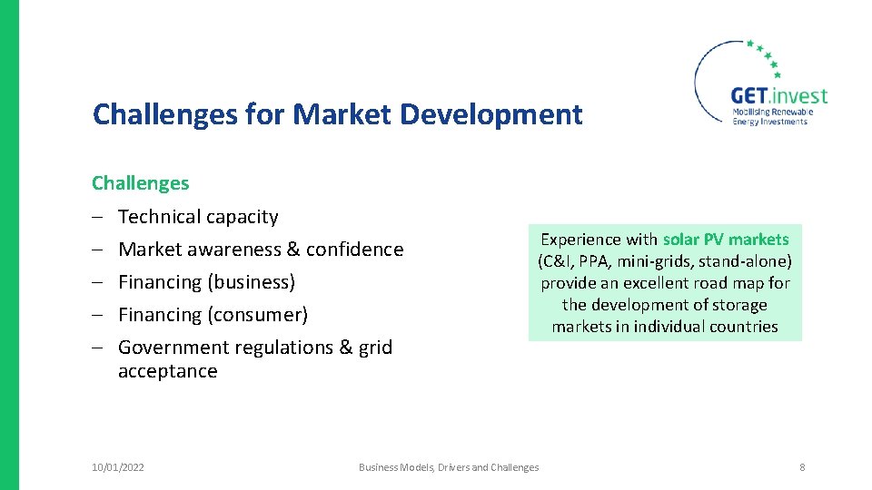 Challenges for Market Development Challenges Technical capacity Market awareness & confidence Financing (business) Financing