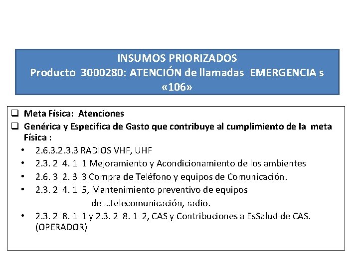 INSUMOS PRIORIZADOS Producto 3000280: ATENCIÓN de llamadas EMERGENCIA s « 106» q Meta Física: INSUMOS PRIORIZADOS Producto 3000280: ATENCIÓN de llamadas EMERGENCIA s « 106» q Meta Física: