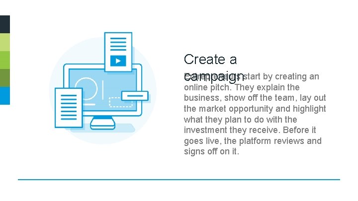 Create a Entrepreneurs start by creating an campaign online pitch. They explain the business,