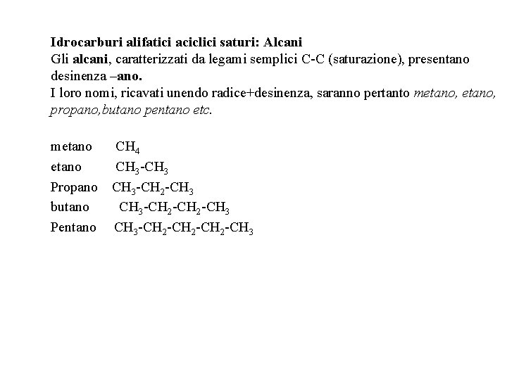 Idrocarburi alifatici aciclici saturi: Alcani Gli alcani, caratterizzati da legami semplici C-C (saturazione), presentano