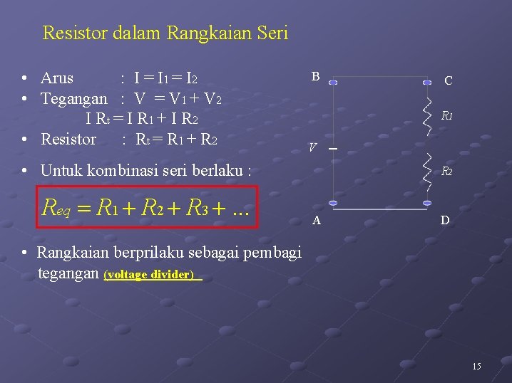 Resistor dalam Rangkaian Seri • Arus : I = I 1 = I 2