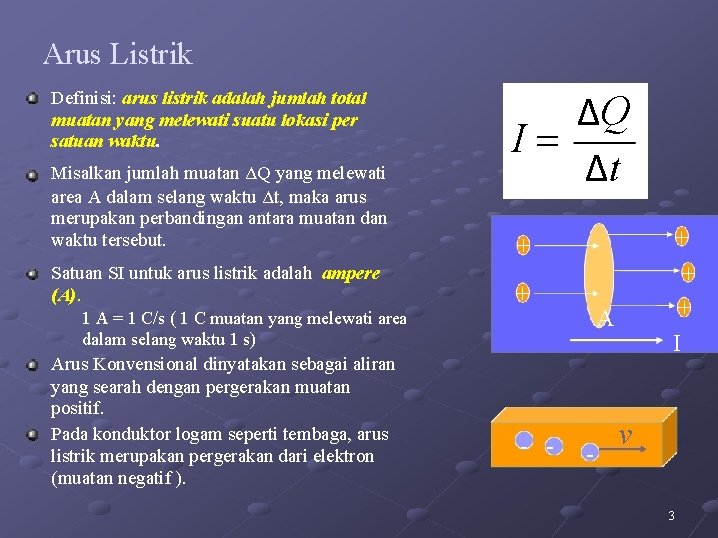 Arus Listrik Definisi: arus listrik adalah jumlah total muatan yang melewati suatu lokasi per