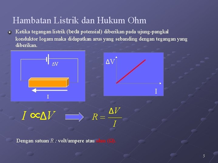 Hambatan Listrik dan Hukum Ohm Ketika tegangan listrik (beda potensial) diberikan pada ujung-pangkal konduktor