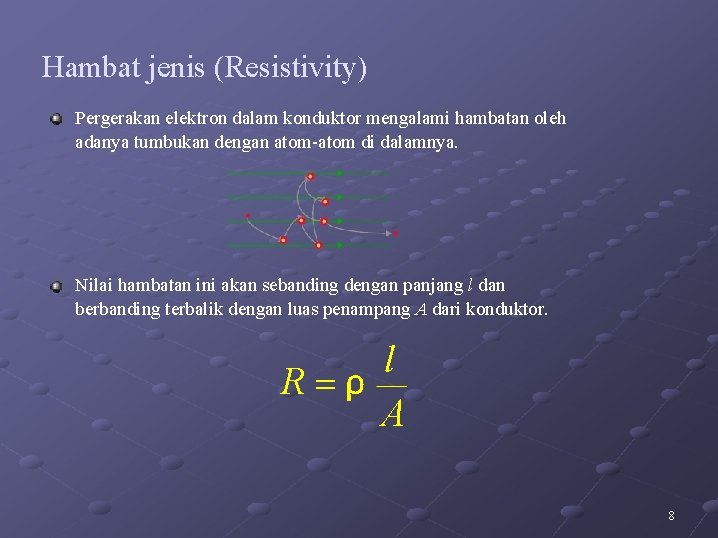 Hambat jenis (Resistivity) Pergerakan elektron dalam konduktor mengalami hambatan oleh adanya tumbukan dengan atom-atom