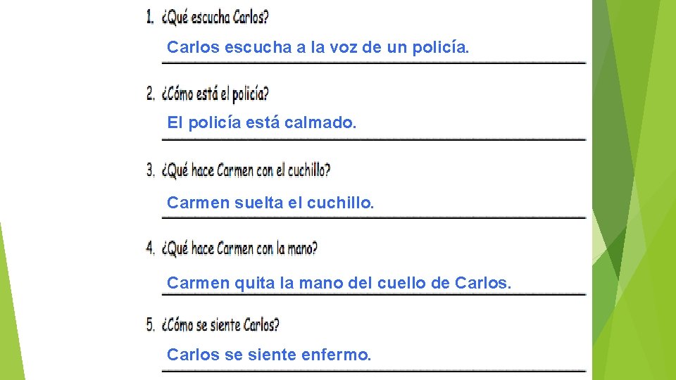 Carlos escucha a la voz de un policía. El policía está calmado. Carmen suelta