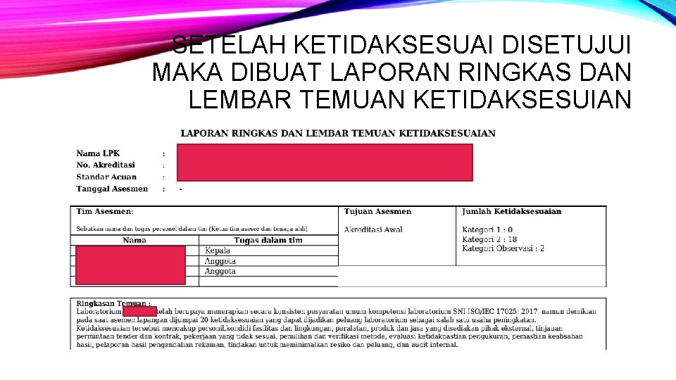 SETELAH KETIDAKSESUAI DISETUJUI MAKA DIBUAT LAPORAN RINGKAS DAN LEMBAR TEMUAN KETIDAKSESUIAN 