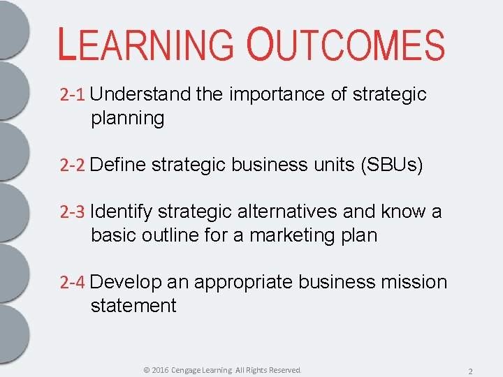 LEARNING OUTCOMES 2 -1 Understand the importance of strategic planning 2 -2 Define strategic