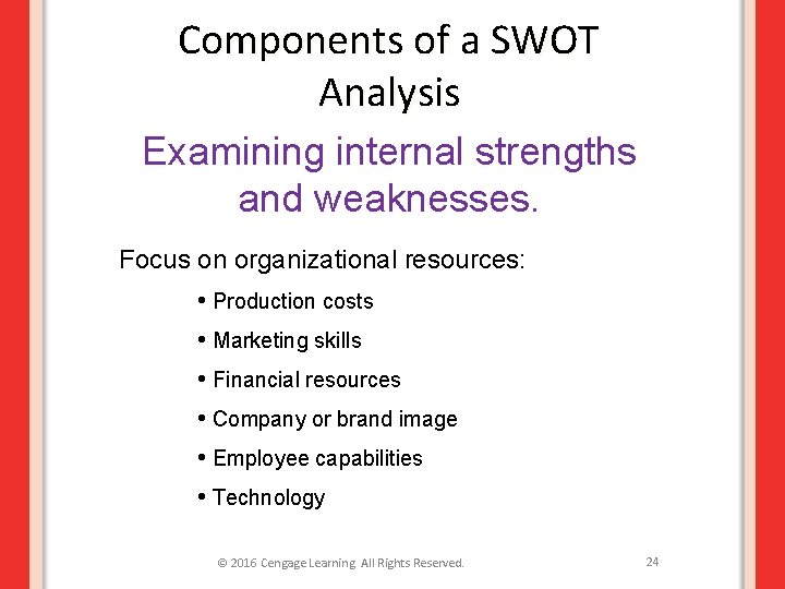 Components of a SWOT Analysis Examining internal strengths and weaknesses. Focus on organizational resources: