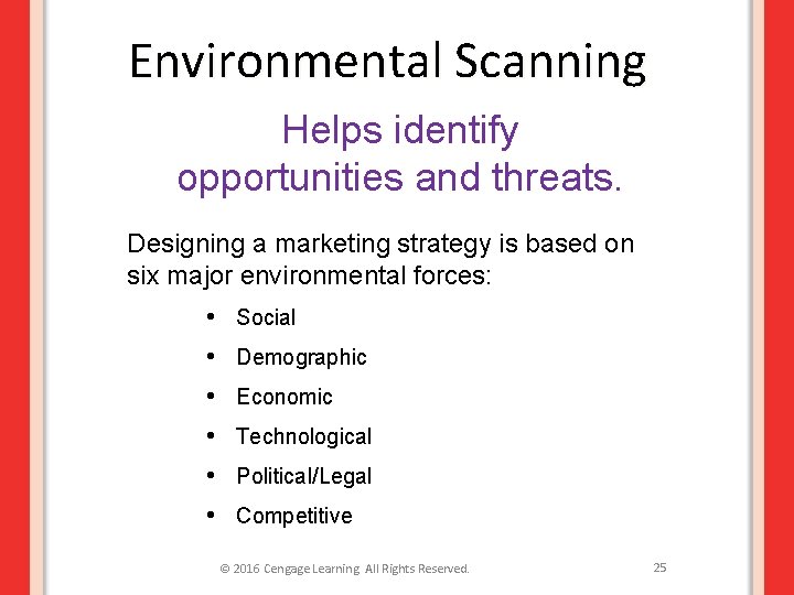 Environmental Scanning Helps identify opportunities and threats. Designing a marketing strategy is based on