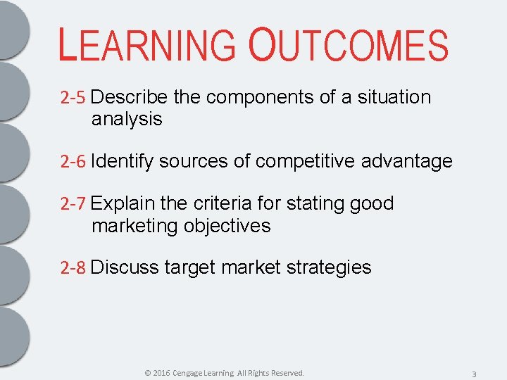 LEARNING OUTCOMES 2 -5 Describe the components of a situation analysis 2 -6 Identify