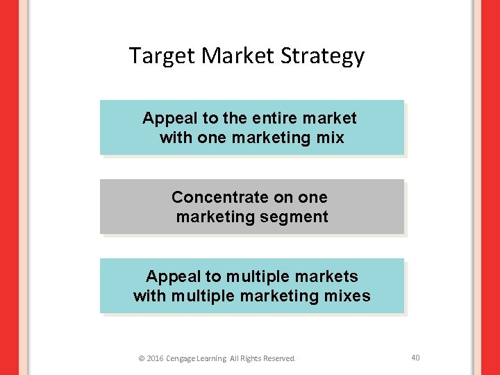 Target Market Strategy Appeal to the entire market with one marketing mix Concentrate on