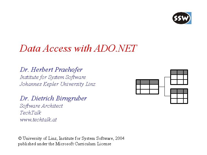 Data Access with ADO. NET Dr. Herbert Praehofer Institute for System Software Johannes Kepler