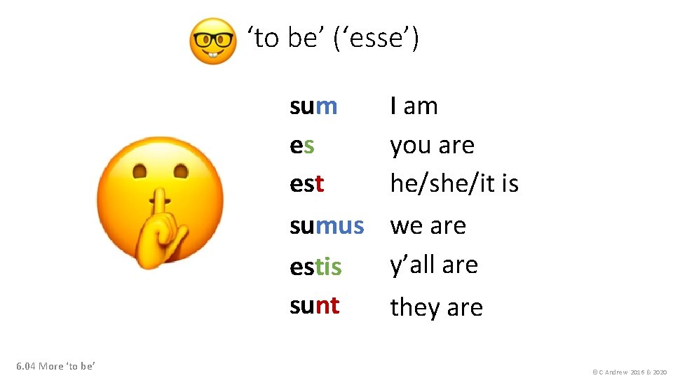 ‘to be’ (‘esse’) sum es est sumus estis sunt 6. 04 More ‘to be’