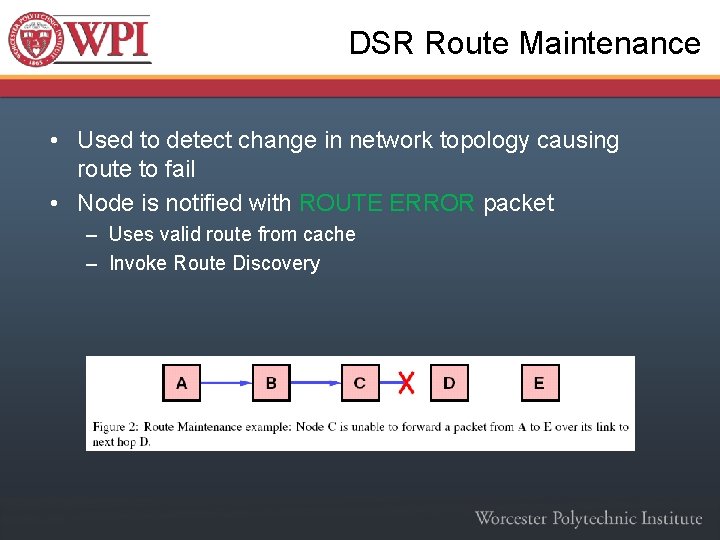 DSR Route Maintenance • Used to detect change in network topology causing route to