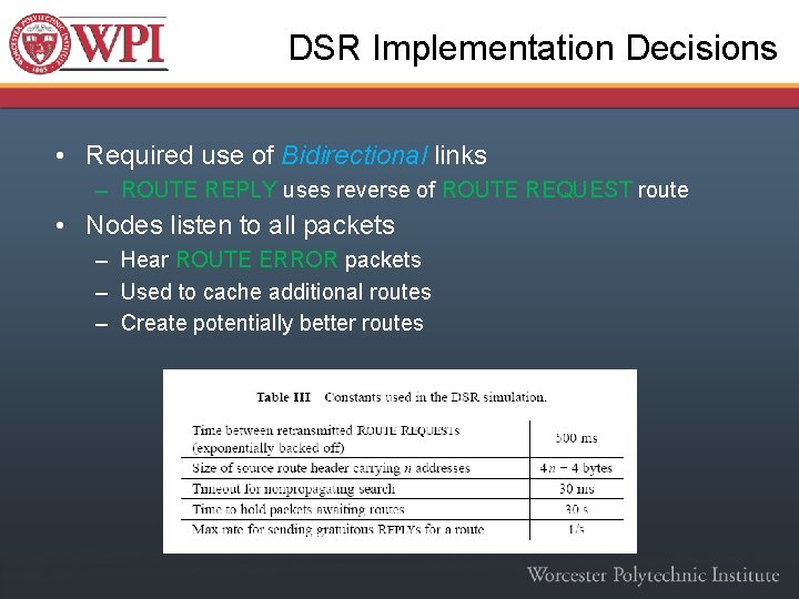 DSR Implementation Decisions • Required use of Bidirectional links – ROUTE REPLY uses reverse