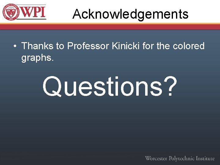 Acknowledgements • Thanks to Professor Kinicki for the colored graphs. Questions? 