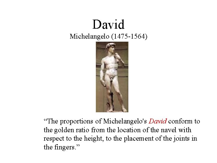 David Michelangelo (1475 -1564) “The proportions of Michelangelo's David conform to the golden ratio