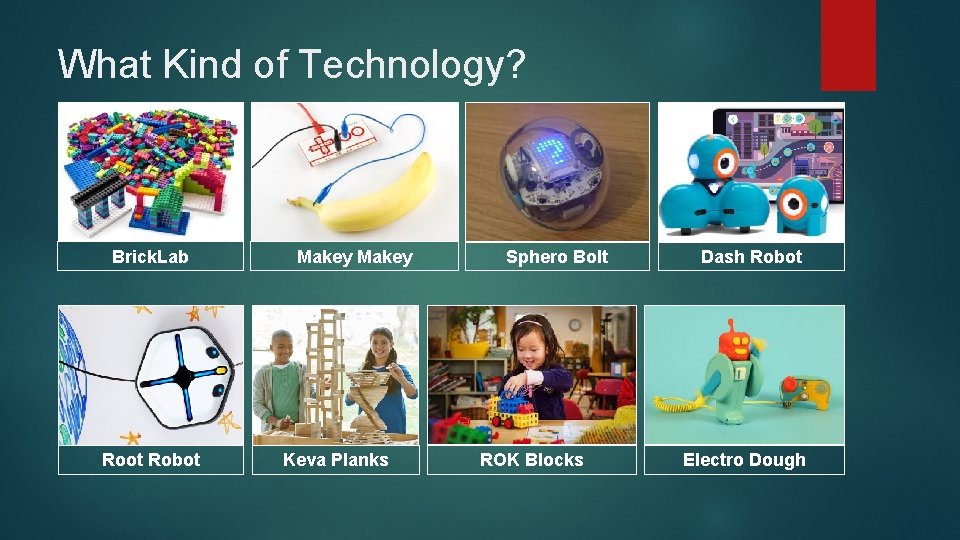 What Kind of Technology? Brick. Lab Root Robot Makey Keva Planks Sphero Bolt ROK