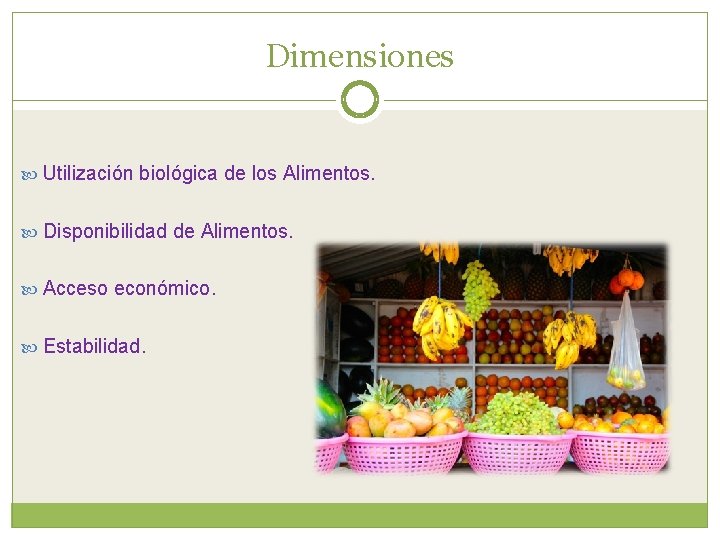 Dimensiones Utilización biológica de los Alimentos. Disponibilidad de Alimentos. Acceso económico. Estabilidad. 