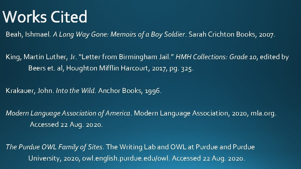 Beah, Ishmael. A Long Way Gone: Memoirs of a Boy Soldier. Sarah Crichton Books,