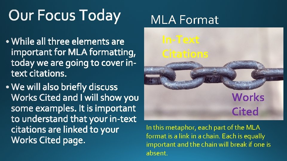 MLA Format In-Text Citations Works Cited In this metaphor, each part of the MLA