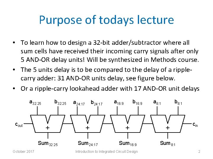 Purpose of todays lecture • To learn how to design a 32 -bit adder/subtractor