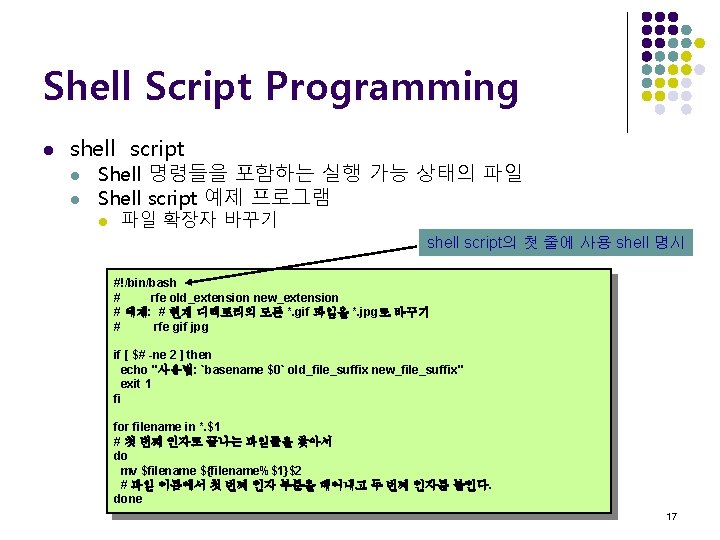 Shell Script Programming l shell script l l Shell 명령들을 포함하는 실행 가능 상태의