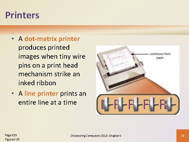 Printers • A dot-matrix printer produces printed images when tiny wire pins on a