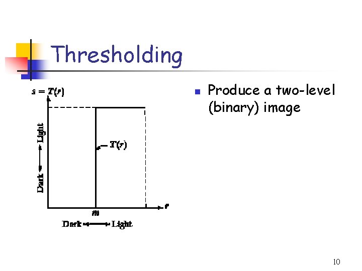 Thresholding n Produce a two-level (binary) image 10 