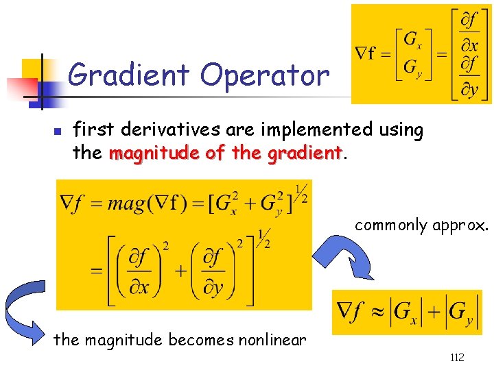 Gradient Operator n first derivatives are implemented using the magnitude of the gradient commonly