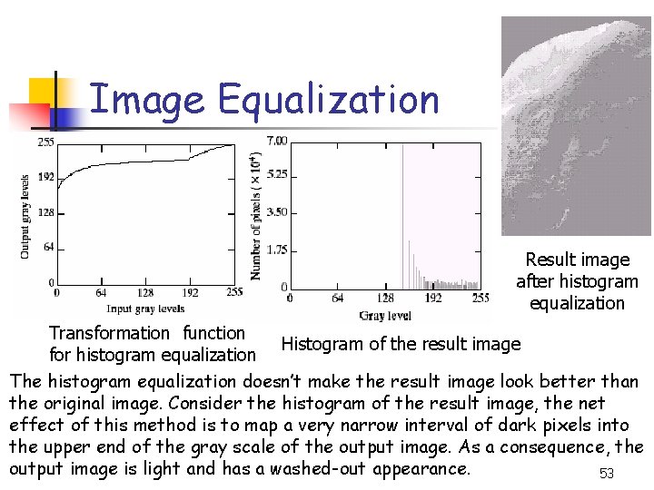 Image Equalization Result image after histogram equalization Transformation function Histogram of the result image