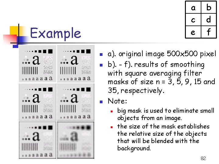 a c e Example n n n b d f a). original image 500